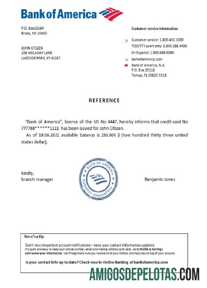 Referência do Bank Of America dos EUA exemplo